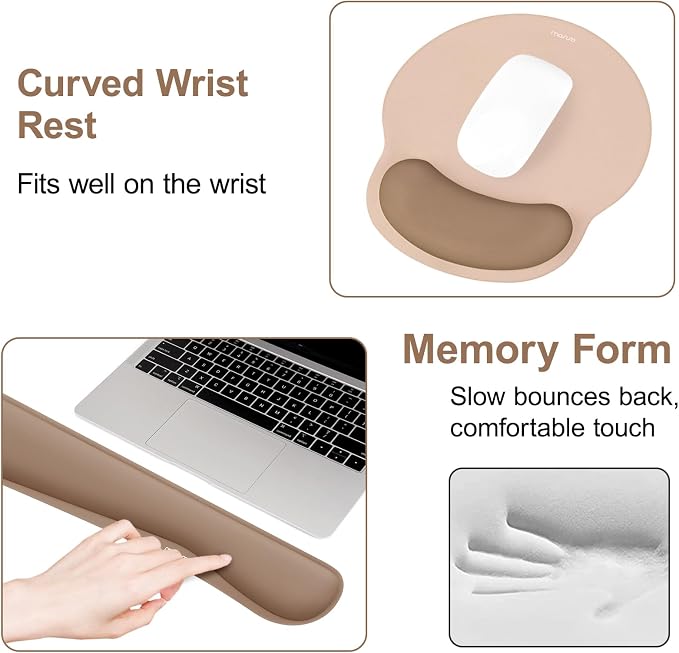 MOSISO Wrist Rest Support for Mouse Pad&Keyboard Set, Streamline Ergonomic Mousepad&Coaster Non-Slip Base Home/Office Pain Relief&Easy Typing Pad with Soft Cloth&Silicone Lining, Mocha
