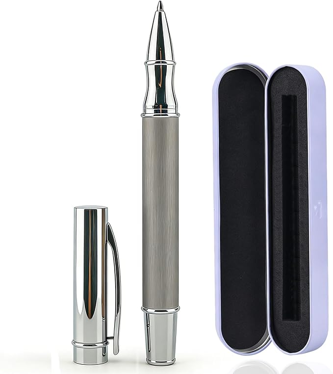 Brushed Metal Silver Rollerball Pen - 0.5mm Fine Point Executive Writing Pen for Men & Women, Professional Signature Pen for Business Office & Journaling, Luxury Gift with Metal Case
