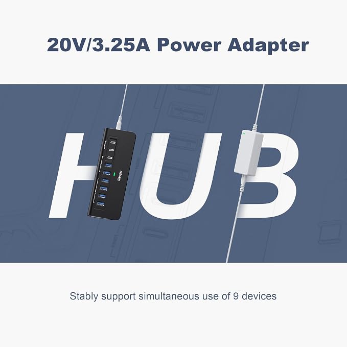 Powered USB Hub 10Gbps,intpw YH6AC 9-Port USB Splitter with USB A/USB C 3.2, 4 USB 3.0, 2 PD 45W Charging Ports, 65W Power Adapter and 3.3FT Cable, Aluminum Black USB Hub for Laptop/PC,iPhone 16/15