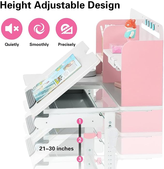 39in Wide Adjustable Height Kids Desk with Tilting Desktop, Bookshelf Hutch | Height-adjustable study desk with steel frame, drawer and bookshelf hutch for reading, writing and drawing, Ages 3-12