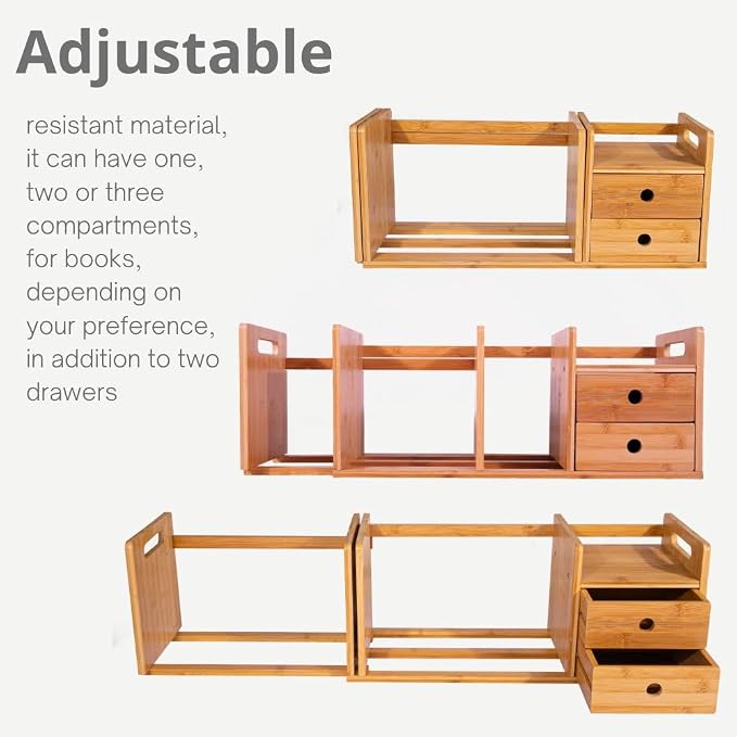 Desktop Bookshelf Expandable with Two Drawer Organizers Made of Bamboo, Collapsible Design & Compartments for Efficient, Clutter-Free Workspace Organization - Sleek Bookshelf