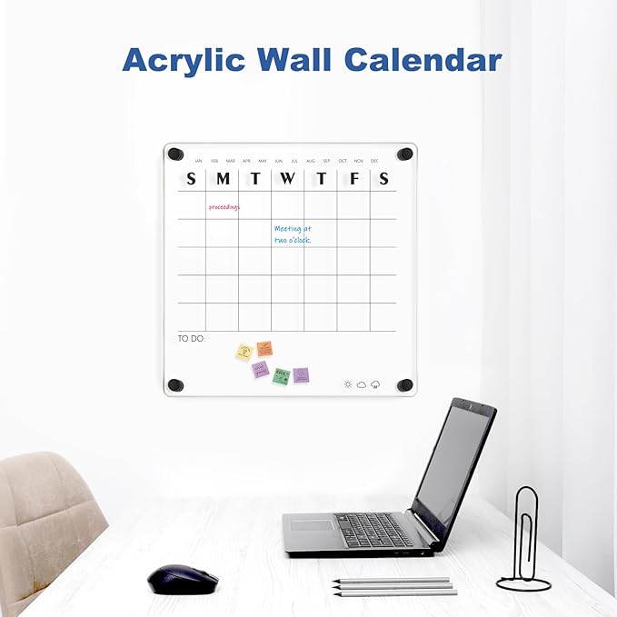 Acrylic Calendar for Wall Whiteboard, 12" x 12" Weekly Clear Dry Erase Board, Small Planning Board White Board for Wall, Home, Office, School