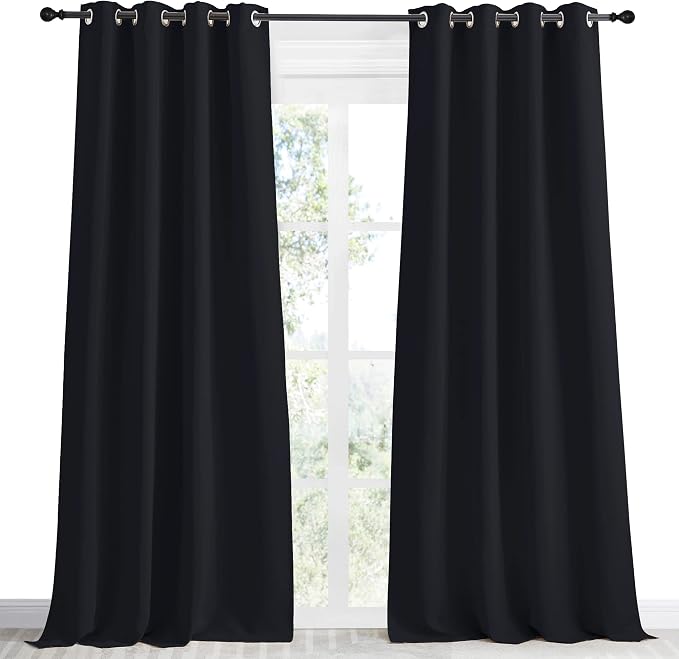 NICETOWN Black Blackout Long Curtain 96 inch Length, W55 x L96 Inch, 8 Grommets Top, 1 Piece, Thermal Insulated Modern Window Treatment Soundproof Drape Panel for Bedroom/Living Room