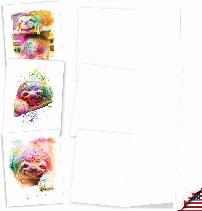 The Best Card Company Animal Assorted Watercolor Blank Greeting Card Box Set - Incl. 10Unique Notecards Designs + Envelopes, Thank You, Invitations- Funky Rainbow Sloth AM6866OCB-B1x10