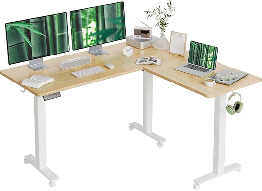 Claiks L Shaped Standing Desk Dual Motor 63x55 Inch Bamboo | Height Adjustable 28.5 to 47.2 Inches, 220lbs Capacity, Sturdy Steel Frame, Splice Board Included