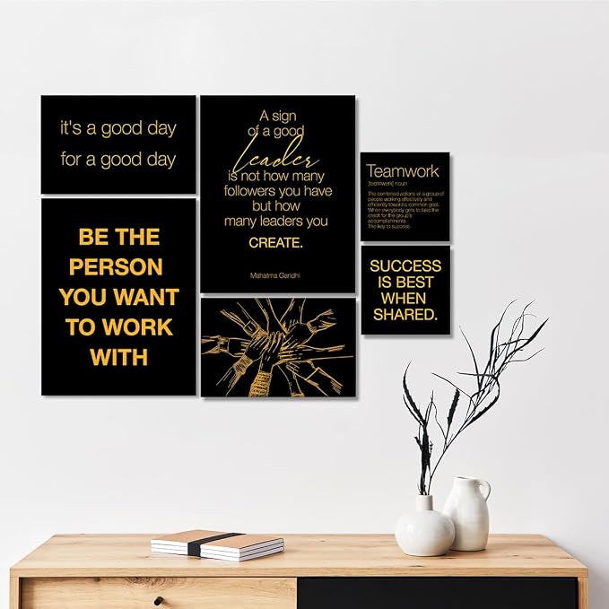YEOION Inspirational Office Wall Art for Women,Motivational Teamwork Wall Decor for Office,Black and Yellow Postive Quote Workplace Canvas Wall Art for Set of 6