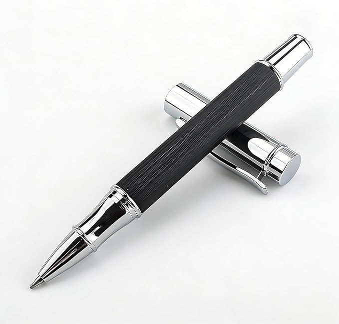 Brushed Metal Black Rollerball Pen - 0.5mm Fine Point Executive Writing Pen for Men & Women, Professional Signature Pen for Business Office & Journaling, Luxury Stationery Gift with Metal Case