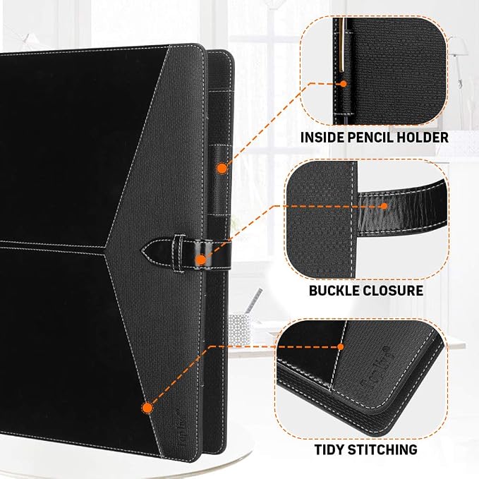 Toplive Padfolio 3 Ring Binder Organizer Business Portfolio Folder for Women, A4/ Letter Size PU Leather Professional Portfolio Padfolio for Interview Conference Presentation, Black