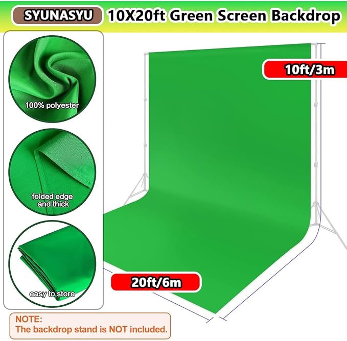 Green Screen Backdrop 10 x 20 ft, Photography Greenscreen Background for Streamingl, Big Green Photo Backdrop Curtain for Zoom Meeting, Video Studio, Video Recording