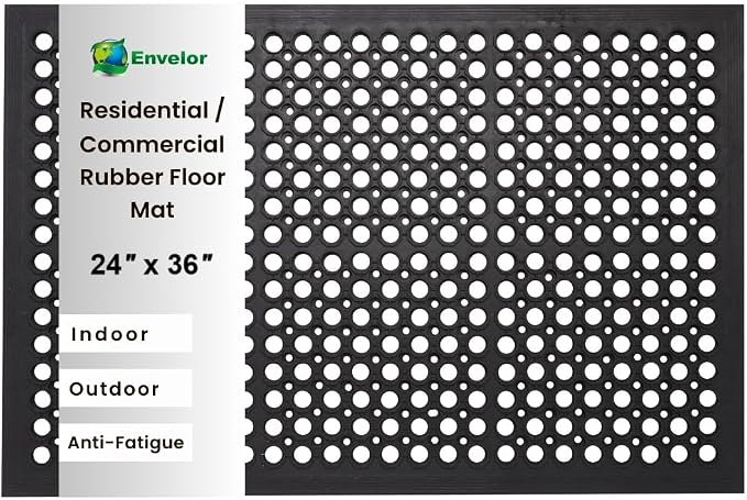 Envelor Anti Fatigue Mats for Kitchen Floor, Rubber Bar Mat, Non Slip Commercial Floor Mat with Drainage Holes, Indoor Outdoor Rubber Mat for Restaurant, Garage, Entryway, Entry Mat 24 x 36 in