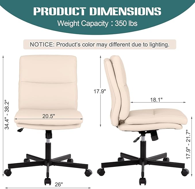 LUCKWIND Armless Office Desk Chair with Wheels, Mid-Back Criss Cross Swivel Task Chair, Height Adjustable Cushioned Vanity Chair, Double Padded PU Leather Chair for Home, Office & Bedroom, Beige White