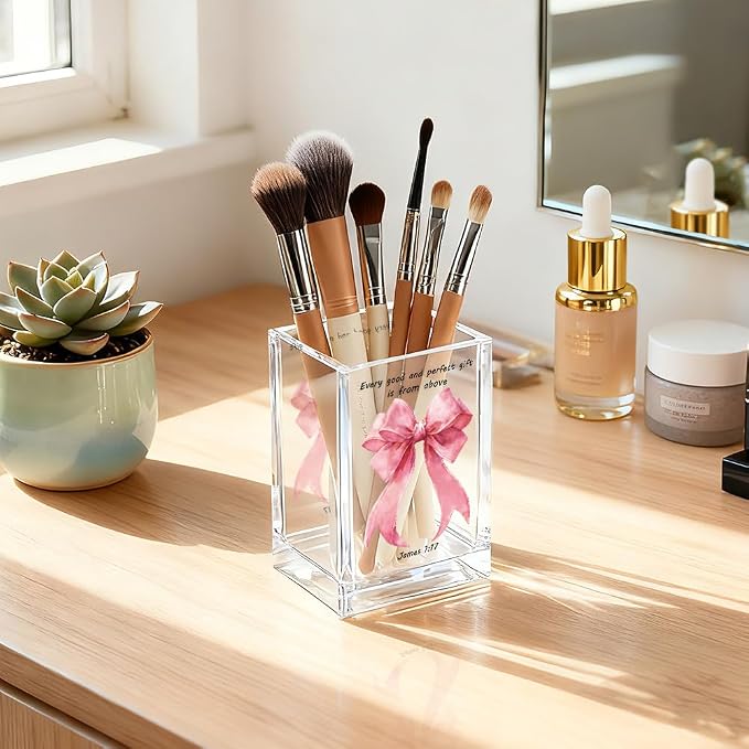 Every Good And Perfect Gifts Is From Above Acrylic Cosmetic Holder | Pink Bow Clear Makeup Brush Holder Countertop, James 1:17 Christian Bible Verses Birthday Gifts for Women Girlfriend Her