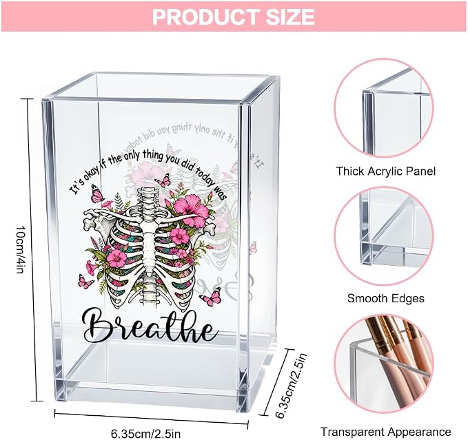 It's Okay Only Breathe Acrylic Cosmetic Pencil Pen Holder Cup, Skeleton Desk Organizer Accessories for Office, Inspirational Gifts for Women Girl Coworker Therapist Teacher Respiratory Doctor