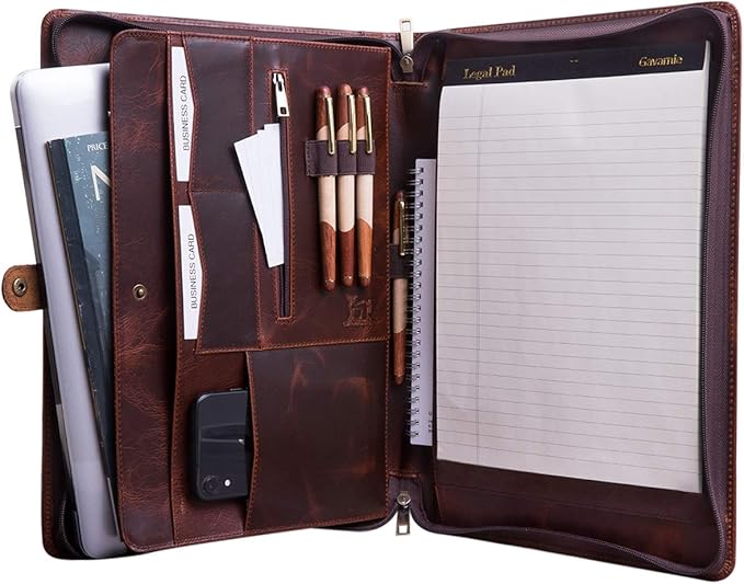 Genuine Leather Business Portfolio Padfolio Folder with Zipper for Men, Men's Leather Padfolio Folder for 13" Laptop, Business Portfolio for Letter Size Notepad, Graduation Gift，Oil Wax