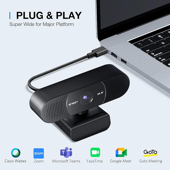 EMEET C960 2K Webcam with Microphone, 2K QHD, 2 Omnidirectional Mics, PDAF Autofocus Streaming Camera with Privacy Cover, Plug&Play USB Webcam for Calls/Conference, Zoom/Skype/YouTube, Laptop/Desktop