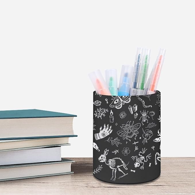 Skull Skeletons Pen Holder for Desk PU Pencil Cup Organizer | Round Desks Makeup Brush Holder for School Multifunctional Office Supplies