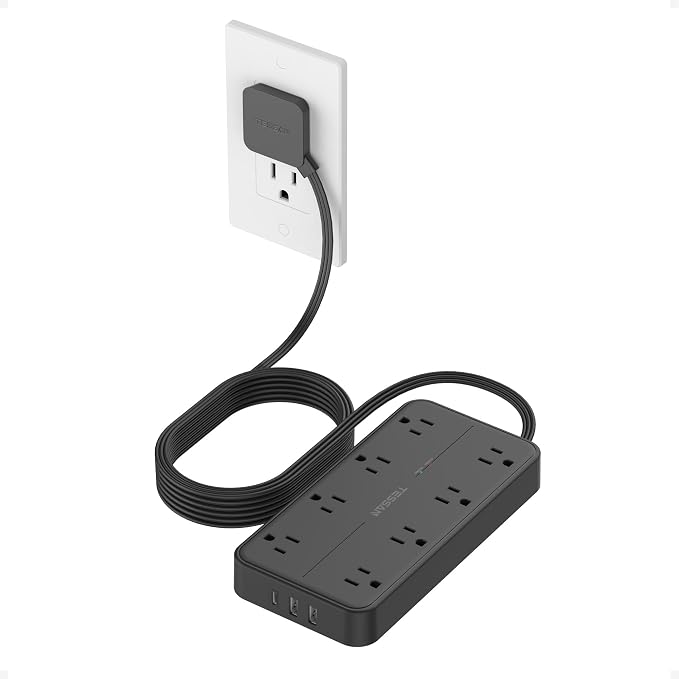 TESSAN Power Strip Surge Protector, 10FT Flat Plug Extension Cord with 8 Outlets 3 USB Charger(1 USB C), 1080 Joules Protection, Wall Mountable Charging Station for Home Office Dorm, Black