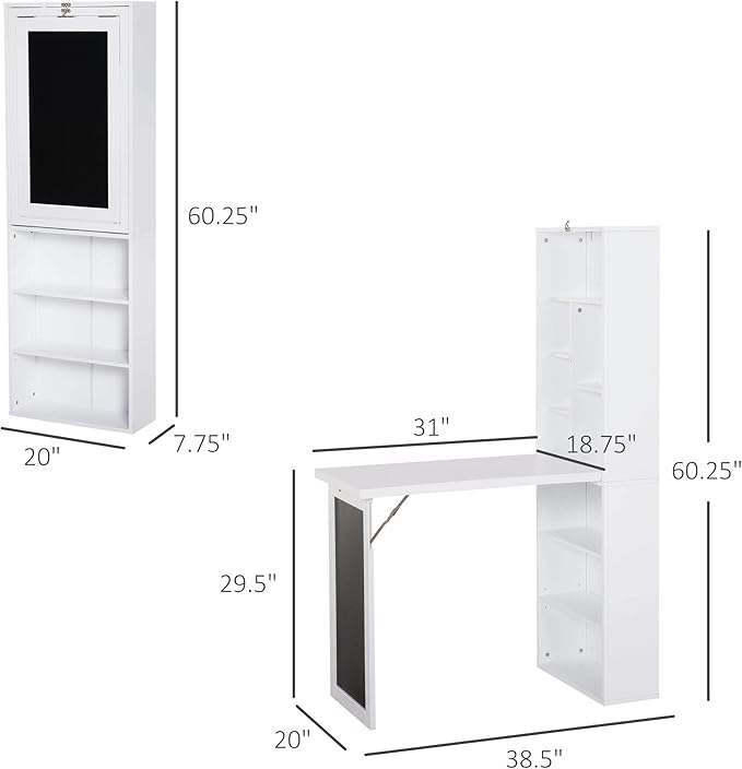 Folding Wall Mounted Desk with Storage, Expandable Hidden Computer Desk, Foldable Space-Saving Pull Out Murphy Table, Writing Table with Blackboard for Home Office Bedroom Small Spaces (White.)