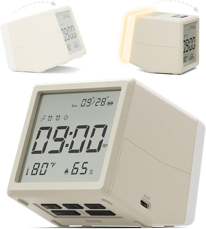 Retro Digital Alarm Clock with Night Light, Temp & Humidity | Creative flip night light with soft time backlight; retro gift clock for bedroom, desk, kids and travel