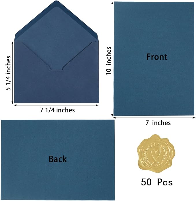 50 Pack Navy Blue A7 Envelopes with Cards and Gold Stickers, 5x7 | With Thick Folded Cardstock, For Greeting Cards, Wedding, Birthday, Invitations, Baby Showers