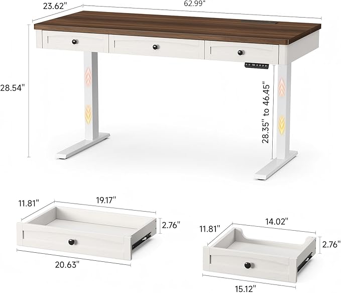 ONBRILL Standing Desk with 3 Drawers, 63 x 24 Inch Electric Height Adjustable Desk with Storage & Outlets, for Computer Workstation, Home Office, Retro Curved Table Corner & Drawers, Walnut