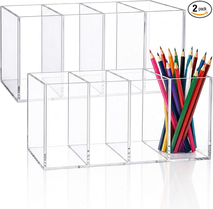 Mototo 2PCS Acrylic Pen Holder Back to School 4 Compartments Pen Organizer | Clear Pencil Cup Desktop Caddy Makeup Brush Storage Solution for Cosmetic Office Bathroom Kitchen Home Coffee Bar Container