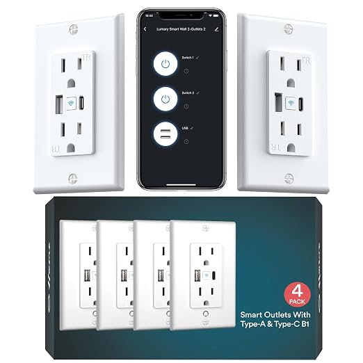 Lumary Smart Outlet with USB A & C Ports, 110V 15 Amp WiFi USB Outlet Compatible with Alexa & Google Home, APP & Voice Control, Timer, FCC Certified, Tamper-Resistant, 4 Pack