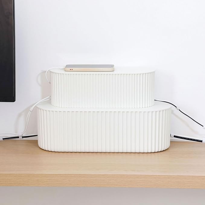 White Cable Box Organizer, Small, Plastic | Cord Hider Box with Lid, For Desk and Floor, Power Strips Cover, For Home, Office, Computer, TV, School, Kitchen