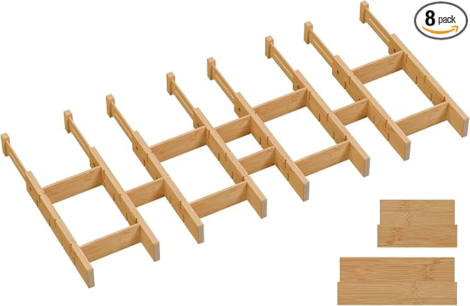 Bamboo Drawer Dividers, Expandable Kitchen Drawer Organizer | Include 8 Dividers, 8 Small Inserts and 8 Medium Inserts for Home, Office, Dressers
