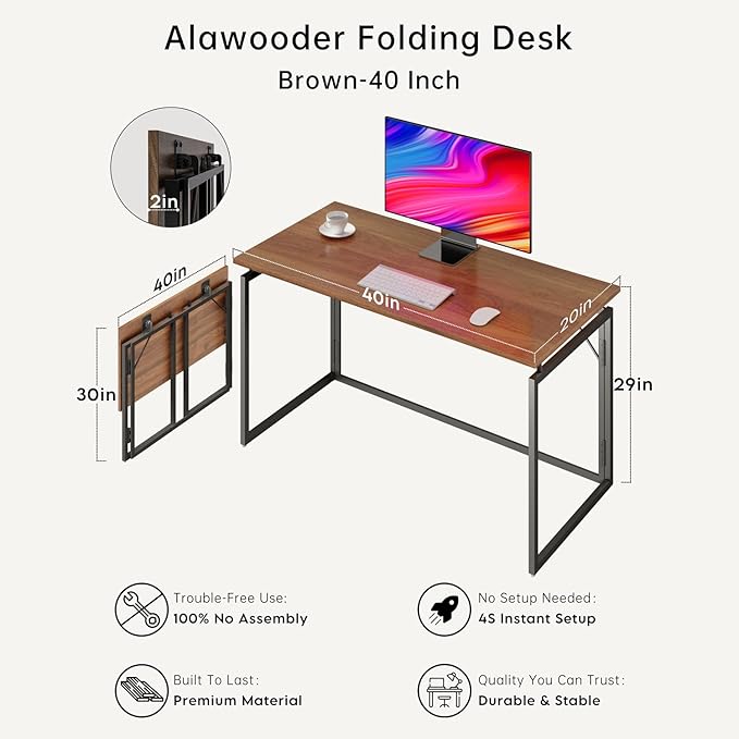 Folding Desk - 39.4” Wood Top Foldable Desk for Small Spaces | No Assembly Required Compact Desk for Home Office, Writing, and Study