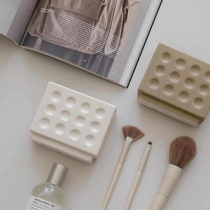 WENSHUO Ceramic Pen Holder,Pen Holder for Desk, Makeup Brush Holder, Crème | Building block-shaped ceramic organizer in Matte Crème, 3.7 x 3.7 x 1.5 in, for pens, makeup brushes and small flowers.