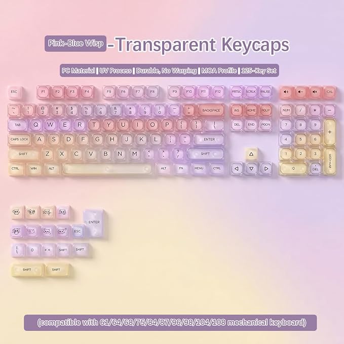 Sunzit Transparent Keycaps-Sunset Purple 125 Keys, MOA Profile Keycap Set, Custom Minimalist Style Keycaps, Fully Backlit Key Cap for MX Switches Mechanical Keyboard