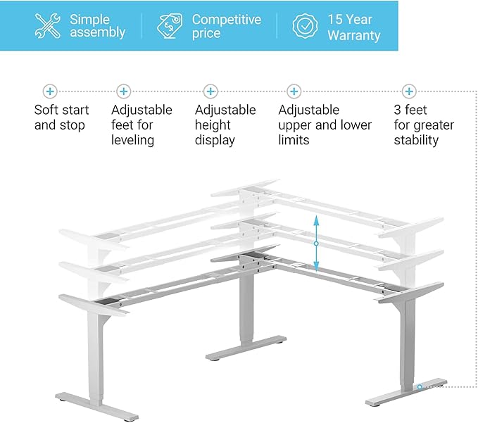 Standing Desk Corner Frame - Adjustable Height and Width Legs with Triple Electric Motors for Home Office L Shaped Desk FLT-05 White