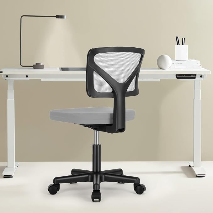 Sweetcrispy Small Desk Chair, Ergonomic Low-Back Mesh Rolling Work Swivel Chairs with Wheels, Armless Comfortable Seat Lumbar Support for Home, Bedroom, Study, Student, Adults, Grey