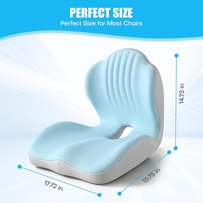 Ergonomic Seat Cushion for Tailbone Sciatica Lower Back Pain Relief, L-Shaped Seashell Memory Foam Coccyx Hollow Cushion, 2-in-1 Lumbar Back Support Pillow for Office Gaming Car Chair Blue