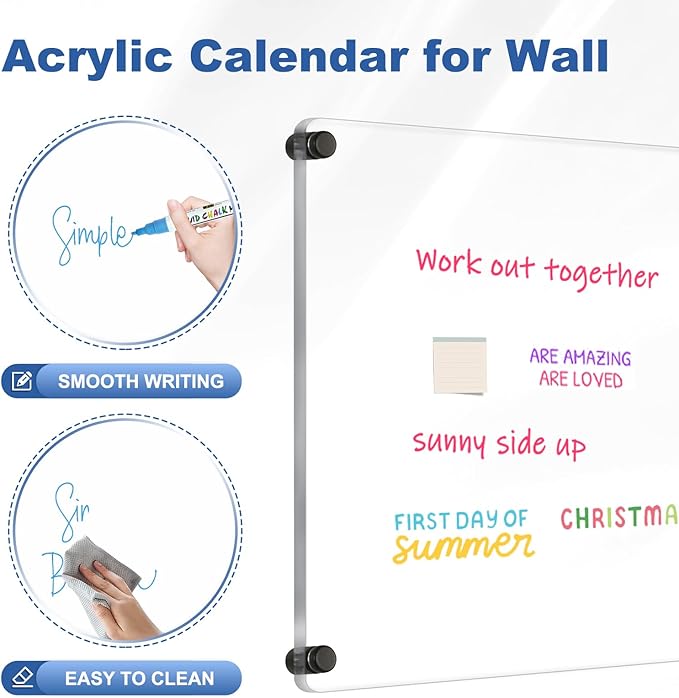 Large Clear Acrylic Dry Erase Board, 24" X 16" Black Non-Magnetic Frameless Clear White Board for Wall, Erasable Acrylic Board for Wall, Home, Office, School, 2 Markers