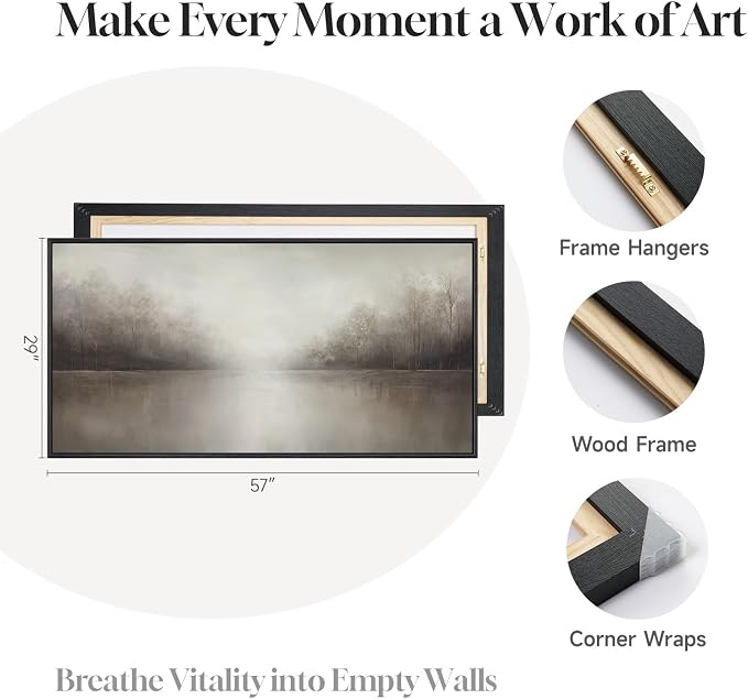 Framed Abstract Landscape Wall Art for Living Room, Extra Large Brown Misty Lake Trees Canvas Artwork for Walls, Horizontal Minimalist Wabi Sabi Painting Print for Bedroom Office Wall Decor, 30x60 In