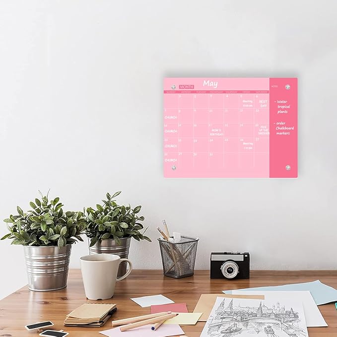 Glass Dry Erase Whiteboard,Monthly Calendar Whiteboard,12" x 16",Frameless Glass White Board for Home,School,Office,Pink Surface(GlassA-PK-3040)