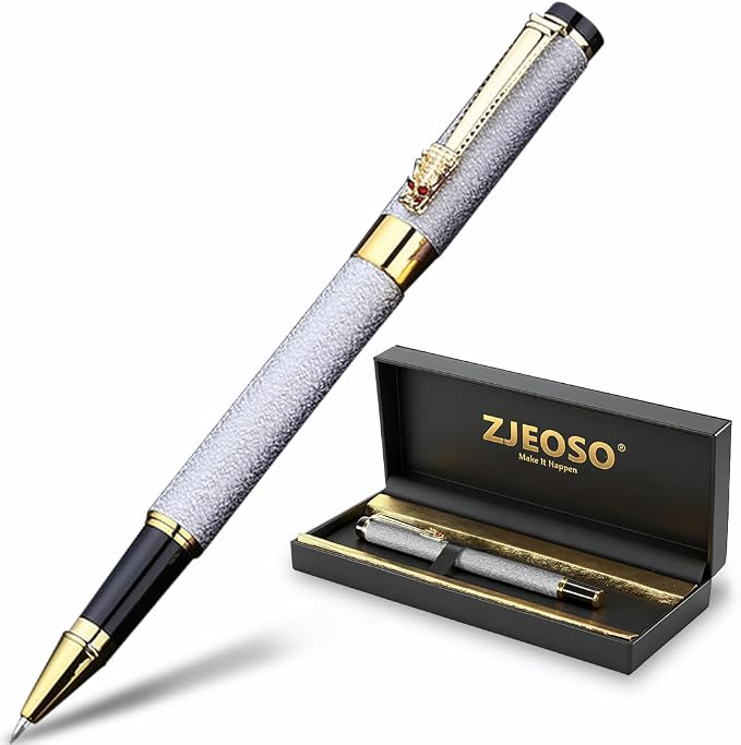 Fancy Pens for Women, Nice Rollerball Pens with Dragon Design, Elegant Gift Pen, Office & Signature Writing Pen, Refillable Black Ink Business Pen (White)
