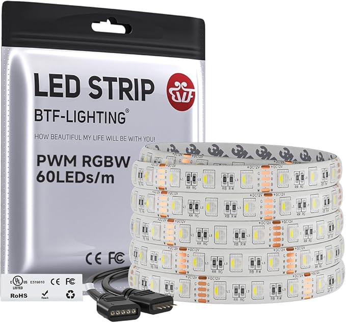 BTF-LIGHTING RGBW LED Strip Lights,UL Listed,5050 4 Colors in 1 RGB + 6000K-7000K Cool White,12V DC,16.4ft/5m 60LEDs/m 12mm White PCB, IP65 Waterproof for Home Decoration(No Adapter or Controller)