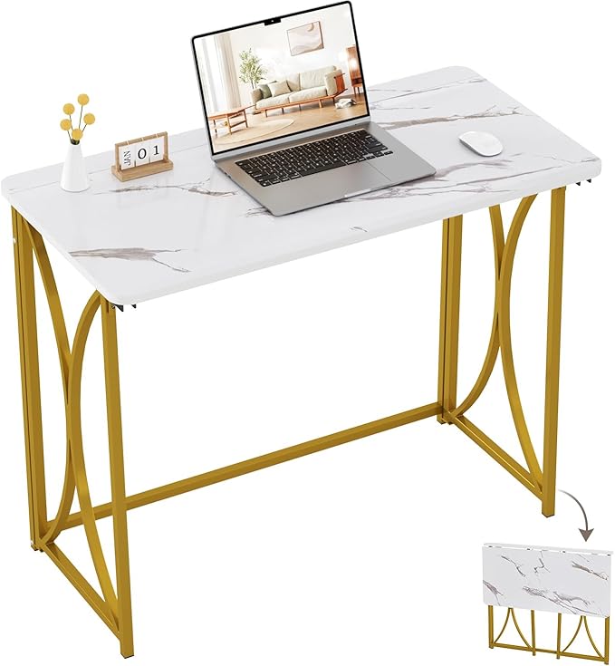 Folding Desk, 31.5" Small Desk for Bedroom, Space Saving Foldable Computer Desk for Home Office, Easy Assembly, White and Gold
