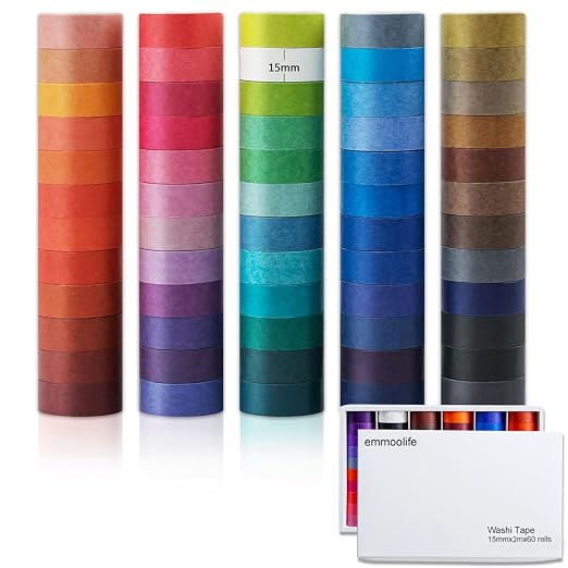 emmoolife 60 Rolls Washi Tape Set 15mm Wide Rainbow Colored Painters Masking Tape Supplies Writable Cute Colorful Decorative Craft Tape for Scrapbook DIY, Planner, Arts, Labeling and Color-Coding