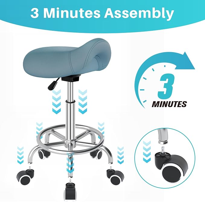 YEEZEE Saddle Stool Ergonomic, Saddle Chair with Wheels, Blue | Comfortable Wide Thick Saddle Seat Padding, 360°Swivel, Adjustable Height, Ring Pedal Design, for Medical Massage Salon Spa