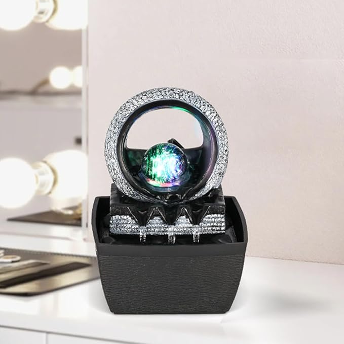 Tabletop Water Fountains, 3 Gears Desktop Fountain Indoor with Led Rolling Ball, Table Top Small Water Feature Interior Zen Relaxation Decor for Home Bedroom Living Room Office Apartment