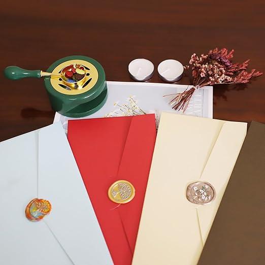 Green Wax Seal Warmer Furnace Kit Melting Furnace Tool Sealing Seal Stamp Warmer Stand with Spoon & Stir Stick and Tealight Candles Set for Wedding Wax Envelope Seal Stamp (Dark Green)