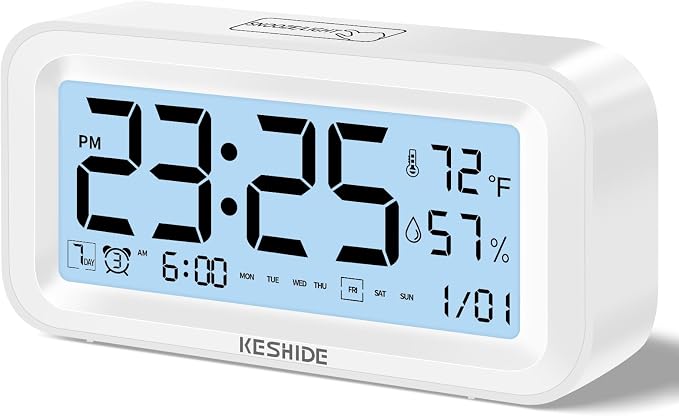 Night Light Digital Alarm Clock Battery Operated with Indoor Temperature Humidity, Desk Small Clock,Snooze Model,12/24H Display for Bedrooms Heavy Sleepers Kids Travel Bathroom (White)