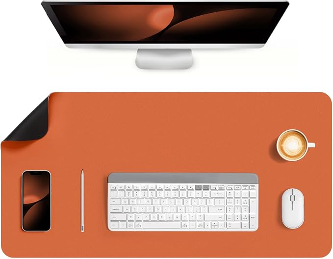 Dual Sided Desk Pad Faux Leather Desk Mat Large Mouse Pad | Desk Pad Protector Non-Slip Waterproof Desk Mouse Pad for Writing Desk, Office, Home(Orange Black 31.5"X15.7")
