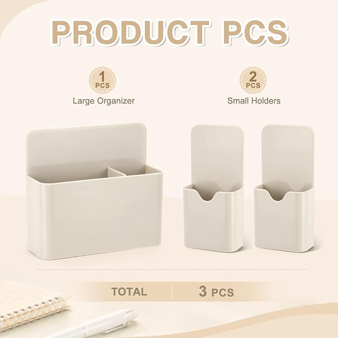 Crtiin 3 Pcs Magnetic Pen Holder Set for Refrigerator, Magnetic Desk Organizer with 1 Large 2-Compartment and 2 Small Holders, Marker Holder for Refrigerator, Whiteboard, Home Office (Beige)
