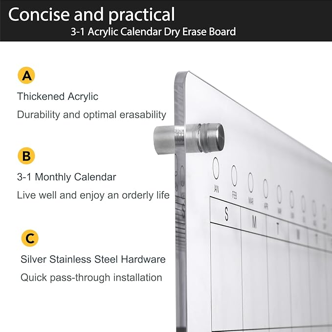 Large Acrylic Calendar for Wall,24"X16",Acrylic Dry Erase Calendar for Wall,Clear Acrylic Wall Calendar for Home/Office