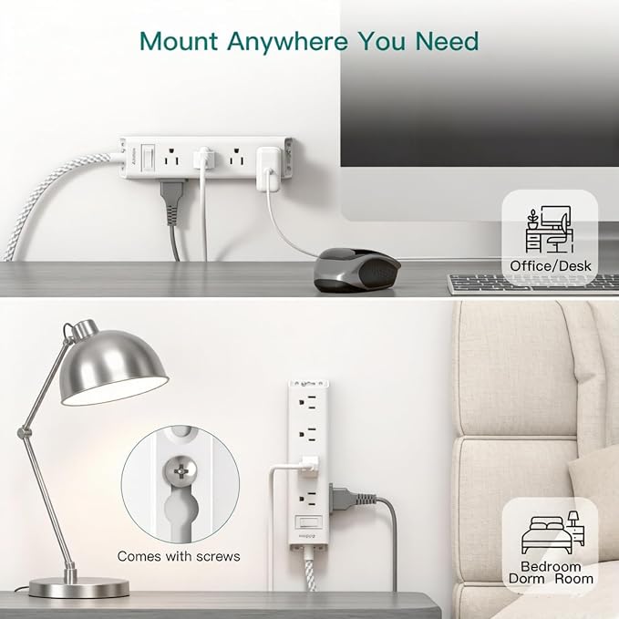 Addtam White Braided Power Strip Surge Protector with 12 Outlets, Flat Plug 6FT Extension Cord, 3-Side Wide Spaced Outlet Extender, Wall Mount Desk Charging Station for Home Office Garage